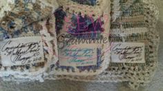 several pieces of crocheted fabric with labels on them