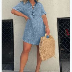 Reposhing This Item I Purchased From @Abifloyd12. Loved It, But It Doesn't Fit. Fits More Like A Med/Large Questions? Leave A Comment Below! V-neck Denim Blue Dress For Beach, Casual Washed Blue Mini Denim Dress, Short Sleeve Denim Beach Dress, Blue Mini Denim Dress For Beach, Casual Light Blue Knee-length Denim Dress, Knee-length Denim Dress For The Beach, Trendy Denim Beach Dress, Casual Denim Beach Dress, Blue Denim Dress With Short Sleeves For Beach