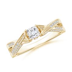 a yellow gold engagement ring set with a princess cut diamond in the center and side stones