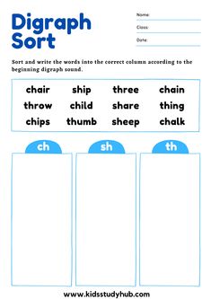 a worksheet with the words diggraph sort in blue and white, on top of