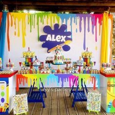 an image of a birthday party setup with cake and candy buffets on the table