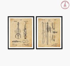 two framed drawings of musical instruments