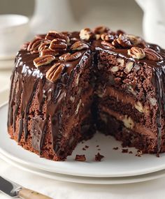 a chocolate cake with pecans on top and one slice cut from the rest of the cake