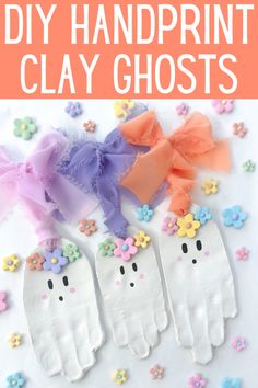 diy handprint clay ghost craft for kids with text overlay that says, diy handprint clay ghosts