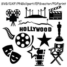 the hollywood symbols are black and white with stars, clapsticks, film camera, oscar statue