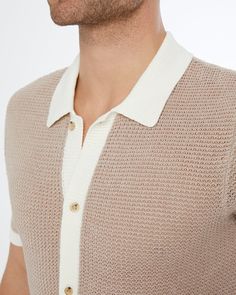 This Short Sleeve Button Up Sweater is lightweight and easy to layer, making it a great choice for warm weather. It’s knit from textured, tuck-stitched linen in two tones for contrast, while the collar, placket, cuffs and hem are ribbed. Spring Linen Top With Textured Knit, Textured Knit Linen Top For Spring, Spring Textured Knit Linen Top, Knitted Shirt, Linen Short Sleeve, Button Up Sweater, Linen Short, Man Up, Linen Bag