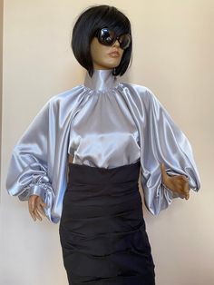 "This is a very stylish Womens Satin blouse. It is comfortable and cozy. Made for a free flowing fit. Great for all year around and for any special occasion or casual day can be dressed up or dressed down. SIZE CHART SIZE S - US 6, UK 8, EU 36 bust: bust around 34.5\"/90cm Waist: waist around 27.5\"/70cm Hips: hips around 34.5\"/90cm SIZE M - US 8, UK 10, EU 38 bust: bust around 37.5\"/95cm Waist: waist around 29.5\"/75cm Hips: hips around 37.5\"/95cm SIZE L - US 10, UK 12, EU 40 bust: bust arou Satin Bow Blouse, Puffy Sleeves Blouse, Black Satin Blouse, Bishop Sleeve Blouse, Victorian Collar, Black Watch Tartan, Silver Cocktail, Sleeves Blouse, Bow Blouse