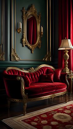 a red couch sitting in front of a mirror