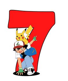 the pokemon characters are standing next to each other in front of a large number seven