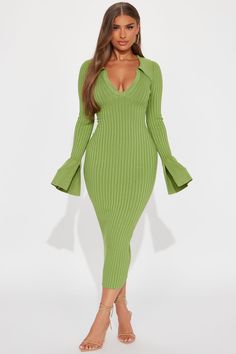 Available In Mocha, Black, And Green. Sweater Midi Dress Collar V-Neckline Long Bell Sleeves Stretch Dress Length = 49" Disclaimer: Color Will Bleed. 80% Rayon 20% Nylon Imported | Fallon Sweater Midi Dress in Green size Small by Fashion Nova Fall Knit Dress, Knit Sweater Dress Outfit, Green Dress For Women, Mock Dress, Hand Dress, Sweater Midi Dress, Sweater Maxi Dress, Dress Collar, Work Dresses For Women