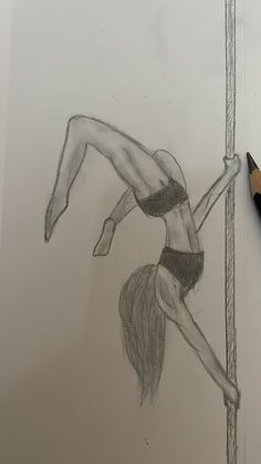 a pencil drawing of a woman hanging upside down on a pole with her legs crossed