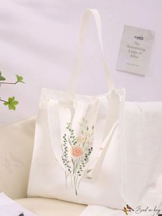 BirdinBag - White Canvas Shopper Bag with Elegant Floral Pattern White Shoulder Bag Suitable As A Gift For School, White Shoulder Bag For School, White Gift Shoulder Bag, White Shoulder Gift Bag For Spring, Spring White Gift Bags, White Gift Bags For Spring, Canvas Shopper Bag, Halloween Bags, Bags Tote