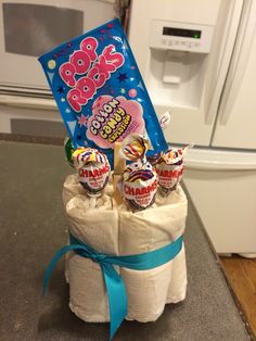 a basket filled with candy on top of a counter