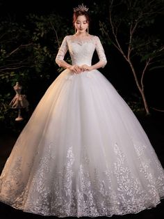 Simple Wedding Dress Eric White Ball Gown Jewel Neck Half Sleeves Applique Long Bridal Dresses Formal Wedding Dresses, Illusion Wedding Dress, Long Bridal Gown, White Ball Gowns, Princess Ball Gowns, Wedding Dress Fabrics, Lace Bridal Gown, Casual Wedding Dress, Illusion Dress