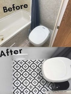 before and after photos of a bathroom remodel with tile flooring, bathtub shower curtain and toilet