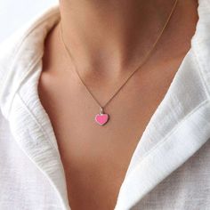 This elegant pink heart necklace is crafted with 14k solid gold, embodying timeless beauty and sophistication. Its minimalist design, combined with the finest craftsmanship, makes it a perfect piece for everyday wear or a meaningful gift for a loved one. This necklace is crafted with real 14k solid gold(not plated, not vermeil, not gold filled) You don't need to worry about water, perfume or conditioner contact since real gold doesn't tarnish. The center is hand applied pink enamel on top of sol Diamond Stacking Rings Engagement, Pink Heart Pendant, Pink Heart Necklace, 20 Inch Necklace, Diamond Huggies, Mini Pink, Heart Pendants, Heart Pendant Gold, Gold Ring Stack