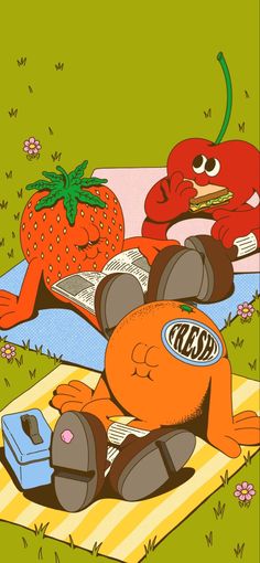 a cartoon character laying on a blanket reading a book and eating strawberries next to another character