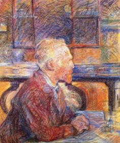 an old man sitting at a table with a glass in his hand and looking out the window