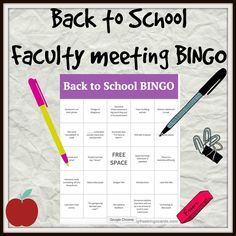 back to school activity with the text back to school faculty meeting bingo on top of it