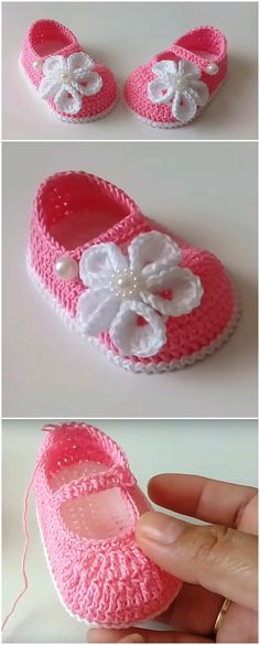 crocheted baby shoes with flowers on the inside and outside are shown in three different views