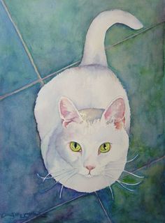 a painting of a white cat with blue eyes sitting on a tile floor, looking up at the camera