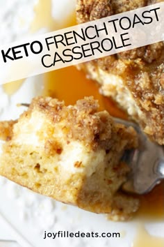 keto french toast casserole on a white plate with a fork in it