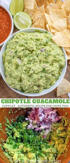 guacamole and tortilla chips on a table with salsa in bowls