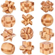 the wooden puzzles are arranged in different shapes and sizes, including one with a bow