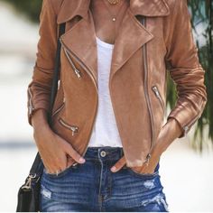 Never Worn. Camel Jacket Family Pixtures, Frayed Denim, Outfit Idea, Perfect Outfit, Classy Outfits, Amazing Things, Red Leather Jacket, Trendy Outfits, Stylish Outfits