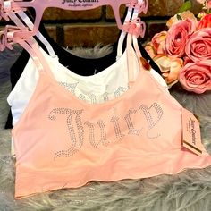 Bnwt Juicy Couture 3 Pack Bling Rhinestone Bras Women's Size Large This Gorgeous Pack Includes: -1 Pink Bra With Adjustable Straps And "Juicy" Written On The Front In Rhinestones -1 White Bra With Adjustable Straps And "Juicy" Written On The Front In Rhinestones -1 Black Bra With Adjustable Straps And "Juicy" Written On The Front In Rhinestones Fast Next Day Shipping Smoke And Pet Free Rhinestone Bras, Clear Strap Bra, Rhinestone Bra, Lacy Bra, White Bra, Satin Bra, Dream Outfits, White Bras, Black Lace Bralette