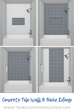 four different views of a bathroom with blue and white tiles on the shower wall, tub, and toilet