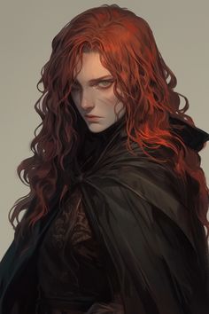 a woman with long red hair wearing a black cape