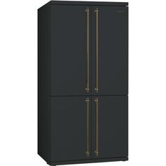 a black refrigerator freezer with two doors and gold handles on the front, against a white background