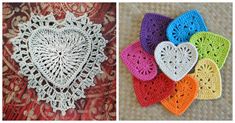 crochet patterns for doily and tablecloths are shown in four different colors