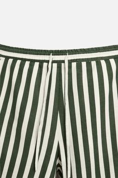 STRIPED LINEN-VISCOSE SHORTS - Green | ZARA United States Summer Short Pants With Drawstring, Summer Drawstring Short Pants, Summer Bermuda Pants With Elastic Waistband, Green Relaxed Fit Wide Leg Shorts, Green Summer Bottoms By Zara, Green Bermuda Bottoms With Elastic Waistband, Green Bermuda Shorts With Elastic Waistband For Summer, Zara Summer Green Bottoms, Zara Cotton Beach Shorts