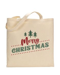 a canvas bag with merry christmas written on the front and trees in red, green and white