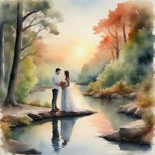 a watercolor painting of a couple standing on the edge of a river