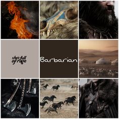 there are many different pictures with the words barbarian on them and horses in the background