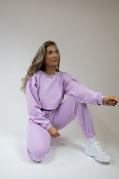 Pea Street has handmade the best quality loungewear for you peas. This lilac crop brush back sweatshirt jumper is super cute to go with the matching joggers and crop top. Ribbed collar and cuffs. model size 8-10 wearing size 10 handmade to order, high quality fabric. Lavender Relaxed Fit Tops For Loungewear, Casual Purple Sweats For Loungewear, Casual Purple Loungewear Sweats, Lavender Cotton Sweatshirt For Loungewear, Lavender Relaxed Fit Sweatshirt For Loungewear, Long Sleeve Lavender Sweatshirt For Loungewear, Lavender Long Sleeve Sweatshirt For Loungewear, Purple Monochrome Outfit, Joggers And Crop Top