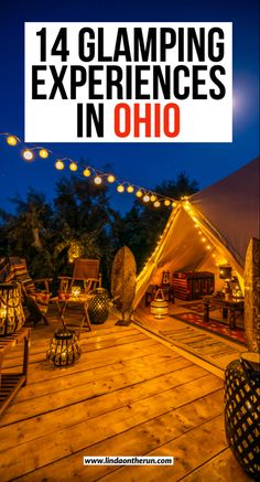 Glamping experience with patio lights illuminating wooden deck with outdoor furniture. Treehouse Village, Midwest Travel, Appalachian Mountains, Camping Checklist, Camping Glamping, Unique Experiences