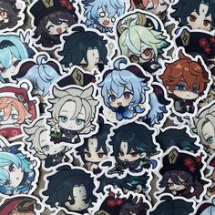 an assortment of anime stickers are shown in this image, with many different characters on them