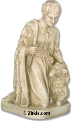 a statue of a woman holding a lamb and feeding it with her hands, on a white background