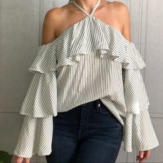 Beautiful, Flowy Pinstriped Off The Shoulder Top. Cris Cross Straps To Keep Everything In Place. Beautiful 3 Tier Ruffled Long Sleeves. Brand New With Tags. Size M. Poncho Style Top, Tiered Sleeve, Red Camisole, Off Shoulder Shirt, Ruffle Long Sleeve, Poncho Style, Blue Crop Tops, Plaid Blouse, Flowy Blouse