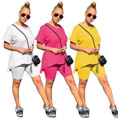 Pure Color Round Collar T-shirt and Skinny Shorts 2 Pieces 2 Piece Short Set, Biker Shorts Outfit, Two Piece Short Set, Shorts Sets, Biker Outfit, Solid Color Pants, Shorts Outfit, Dress For Short Women, Short Suit