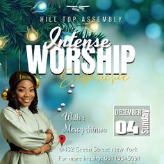 a flyer for a christmas worship experience with an image of a woman in a white dress