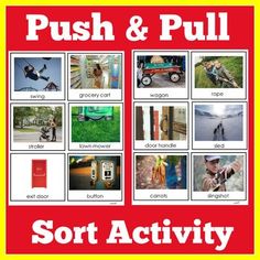 a red and yellow poster with pictures of people in different places, including the words push & pull