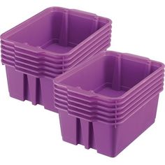 purple plastic storage containers stacked on top of each other