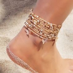 New Gold Beige Brown Butterfly 3 Piece Beaded Ankle Bracelet Anklet Boho Hippie Stretchy 3 Pieces Dangle Butterflies New With Tag Eccentric Jewelry, Butterfly Anklet, Beaded Ankle Bracelets, Embellished Fashion, Beaded Ankle, Anklets Boho, Bohemian Handmade, Bling Shoes, Rice Bead