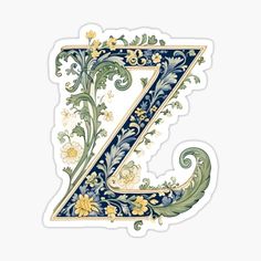 the letter z with flowers and leaves on it sticker is shown in blue, yellow and green