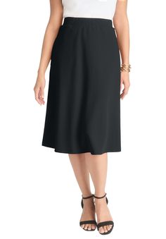 Crafted in our signature soft knit crepe, this midi skirt is perfect for dressing up a day at the office or an evening out. Pair it with a coordinating knit crepe top for outfitting made simple. Fit & flare silhouetteFlat waistbandConcealed back zipper closure with hook & eye Functional on-seam pockets27" lengthPolyester/spandexMachine washableImported | Plus Size Women's Knit Crepe Midi Flare Skirt by Jessica London in Black (Size 2X) Business Casual Lined Midi Skirt, Flowy Midi-length Pencil Skirt, Elegant Solid Midi Pencil Skirt, Elegant Knee-length Flowy Skirt, Flattering Flowy Workwear Skirt, Flowy Mid-length Lined Skirt, Mid-length Flowy Lined Skirt, Flattering Flowy Skirt For Workwear, Flowy Midi Skirt For Business Casual